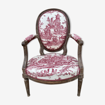 Fauteuil médaillon Louis XVI toile de jouy