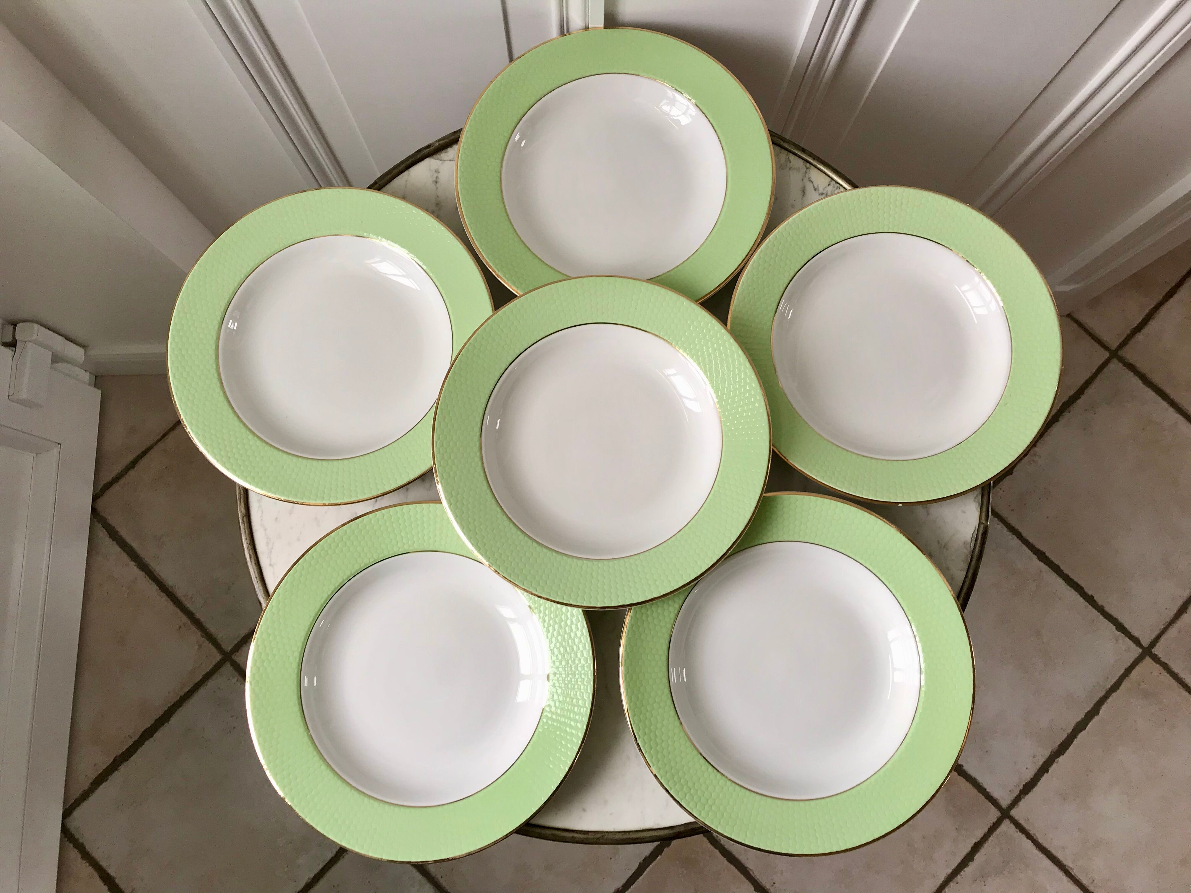 Set of 6 pastel green honeycomb hollow plates Moulin des Loups / L'Amandinoise 50s