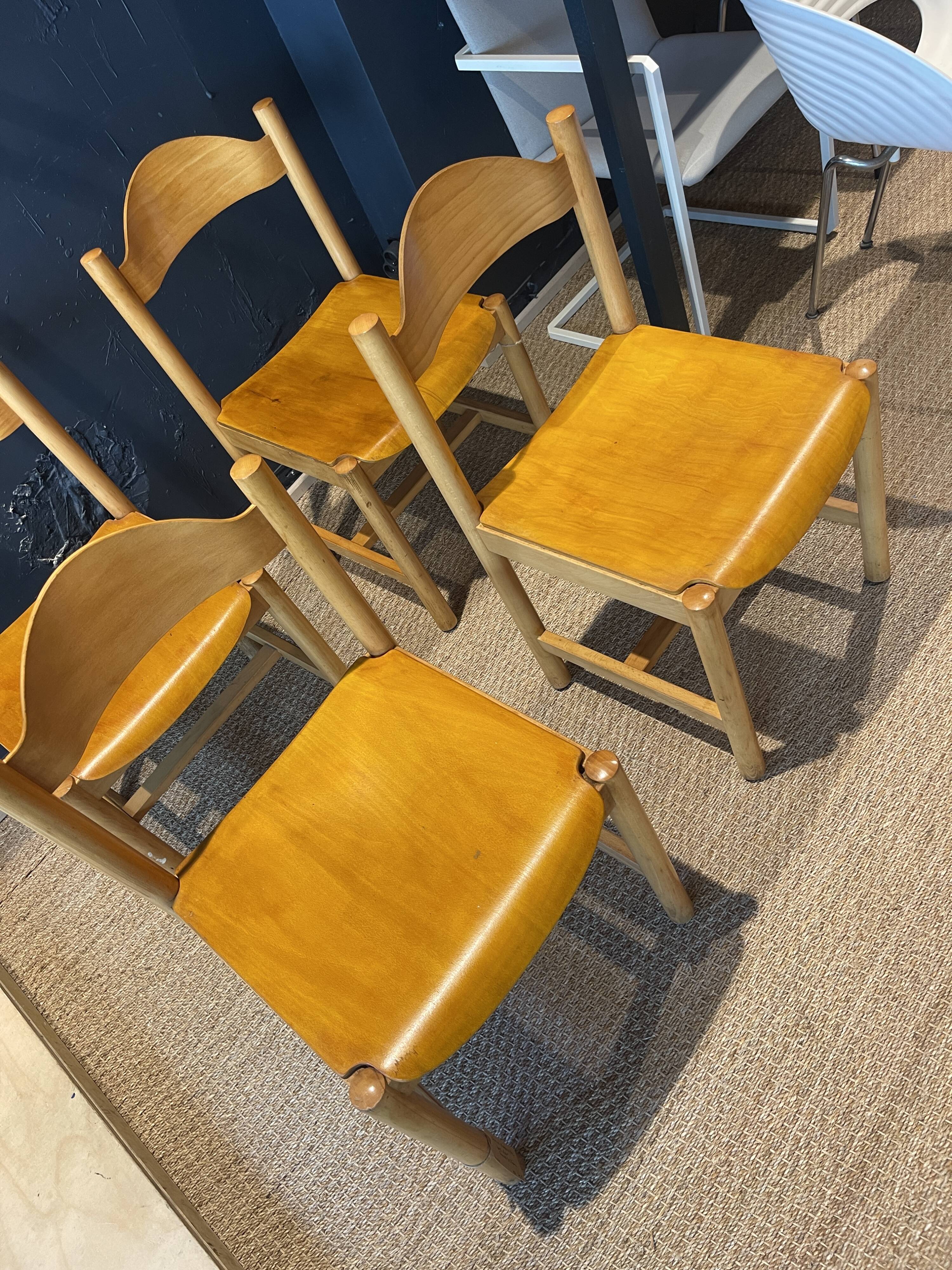 Set of 4 modernist light wood chairs from France, 1990s