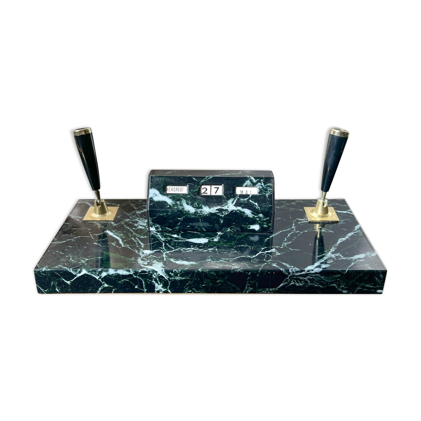 Perpetual calendar with vintage pen holder black gold marble effect