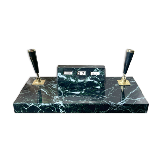 Perpetual calendar with vintage pen holder black gold marble effect