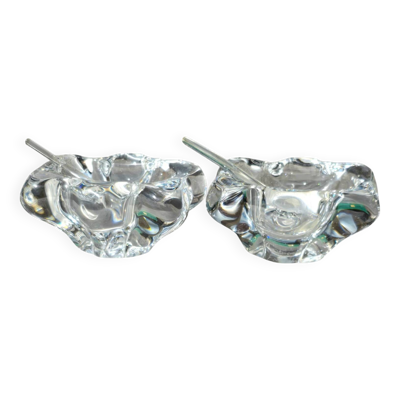 Paire de salières en cristal et cuillère en verre signées Daum Cristal
