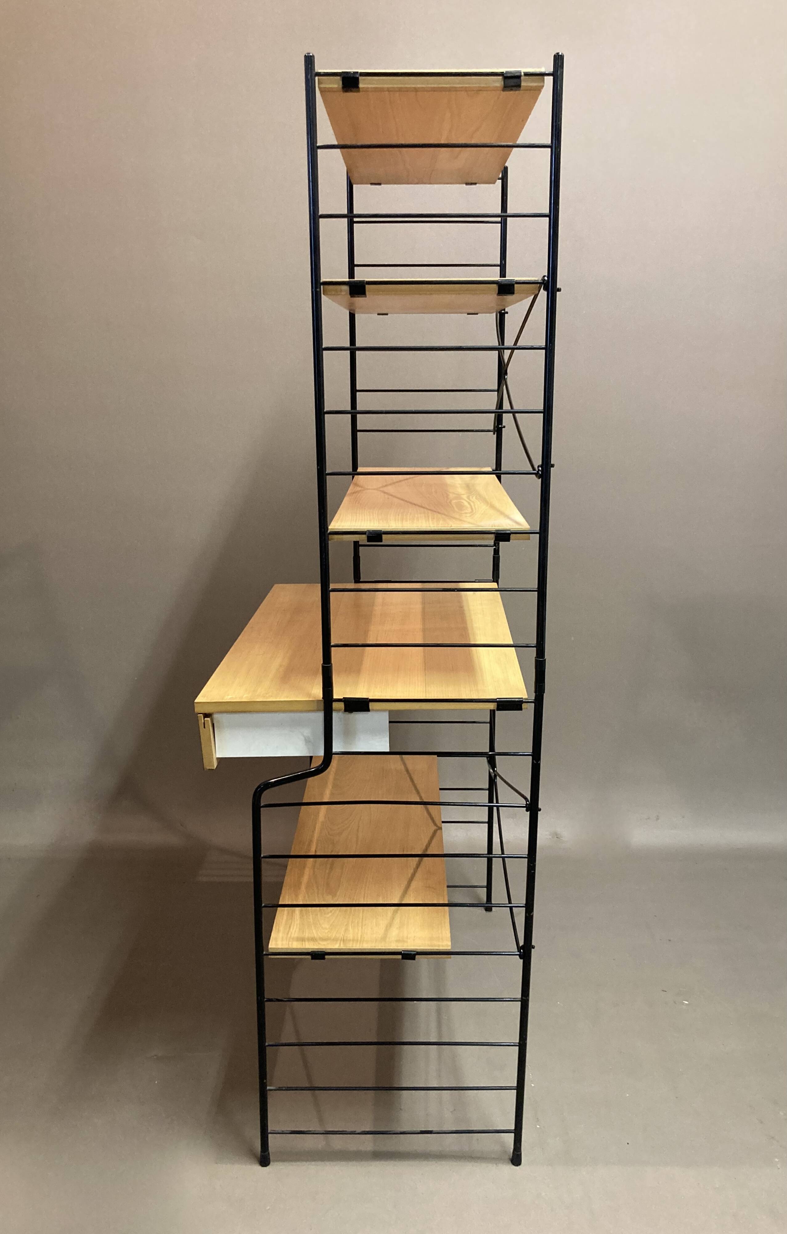 Modular bookcase and stool in black metal and beech, 1960