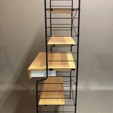 Modular bookcase and stool in black metal and beech, 1960
