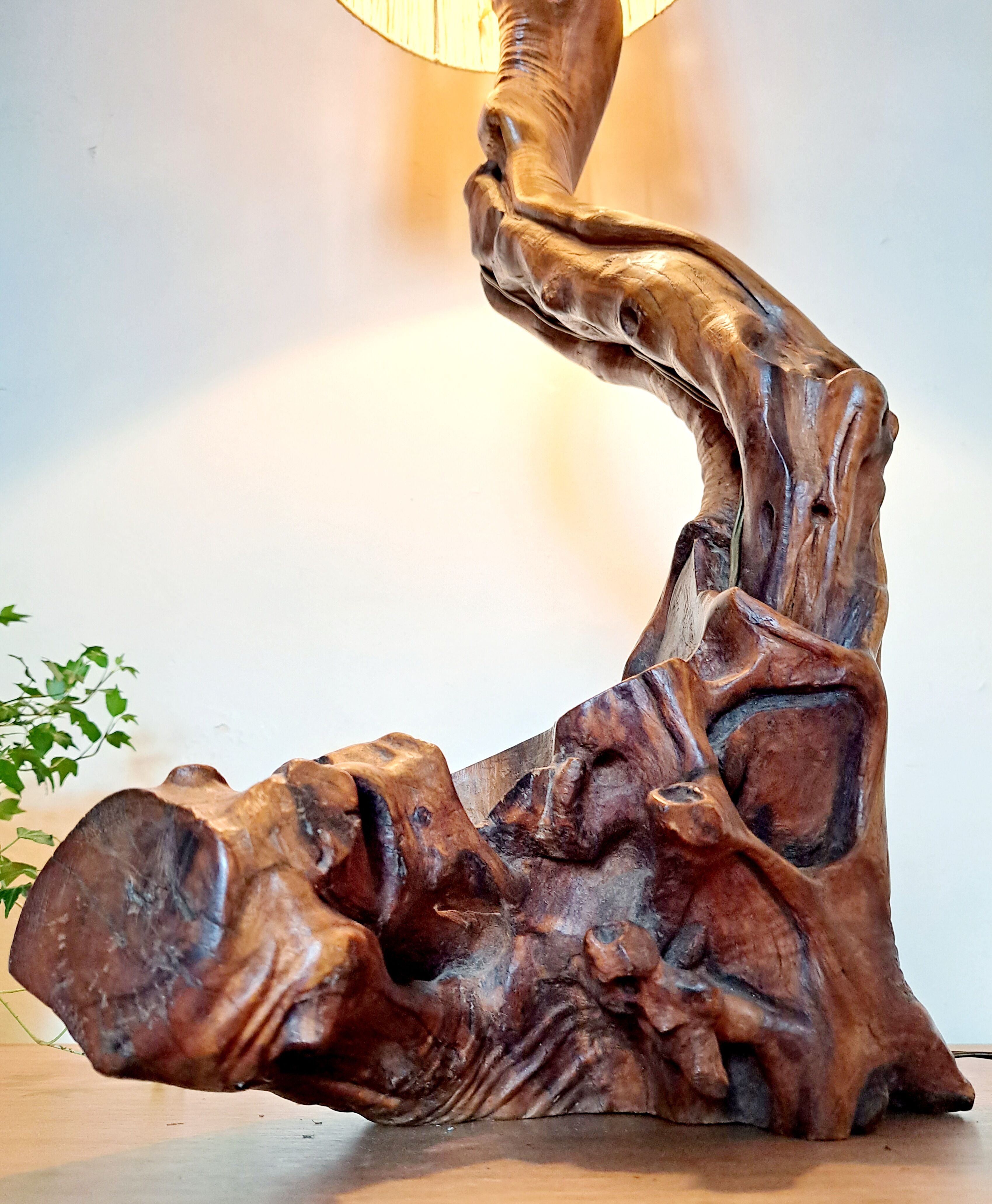 Brutalist lamp in olive wood 1970