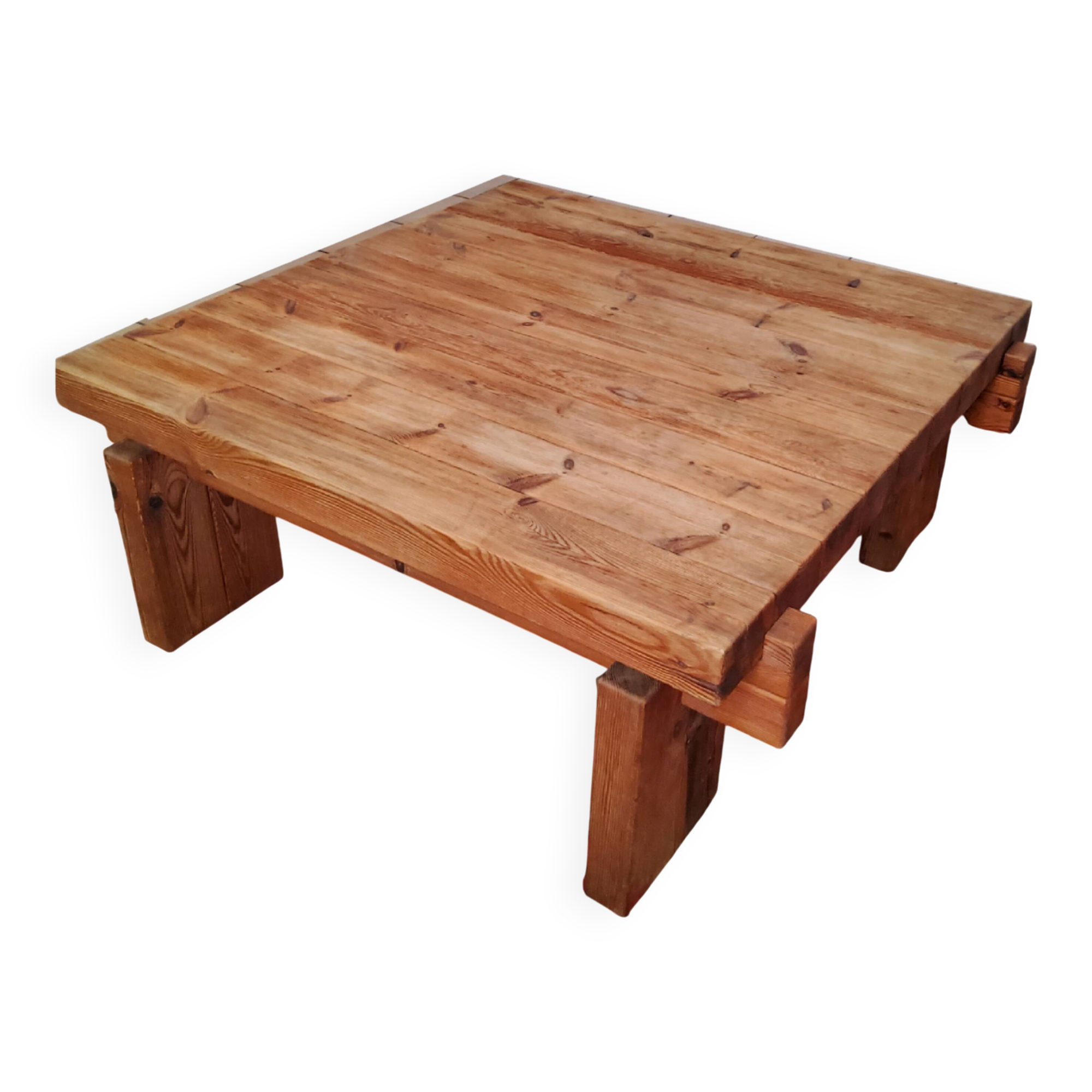 Scandinave table basse brutaliste en pin massif -  1960–1970