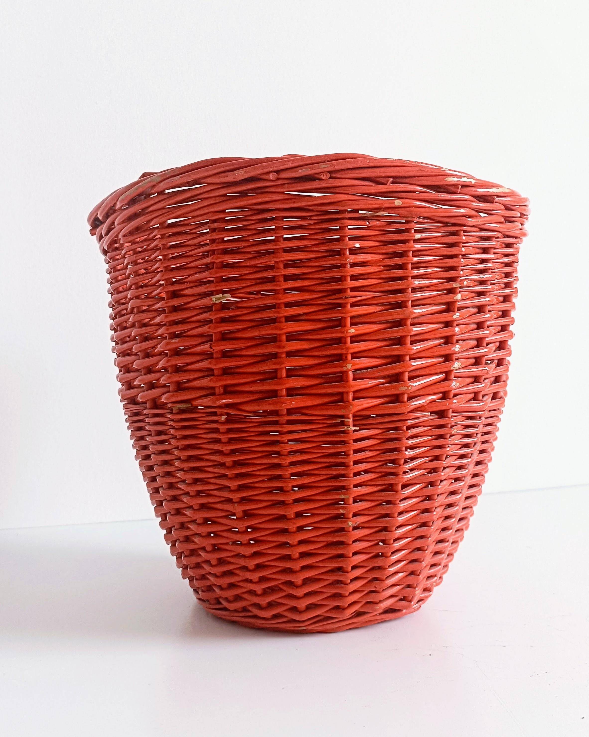 Bohemian Mid-Century Coral Red Wicker Basket, France, circa 1960s