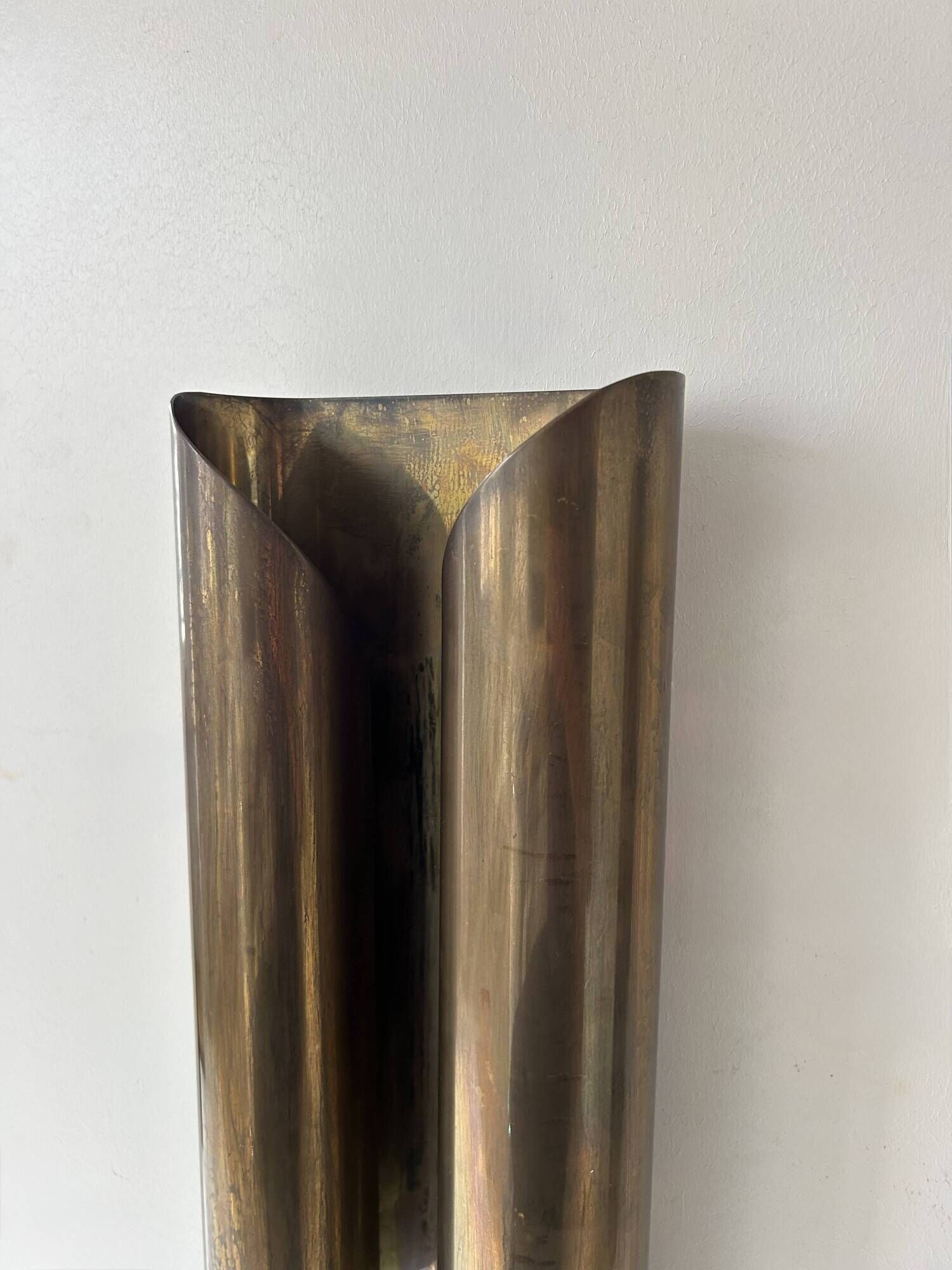 Pair of vintage wall lights in patinated brass, France 1970