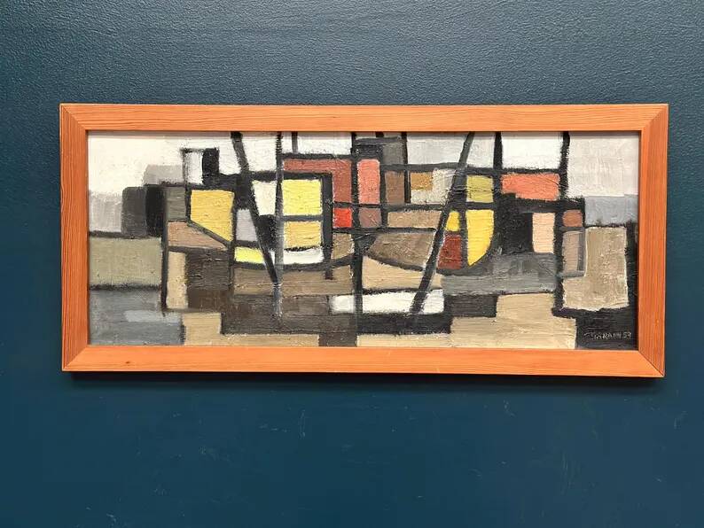 Original Swedish Oil on Canvas – “Abstract Composition” – Signed – Dated 1959 – Vintage & Framed – 77 × 35 cm