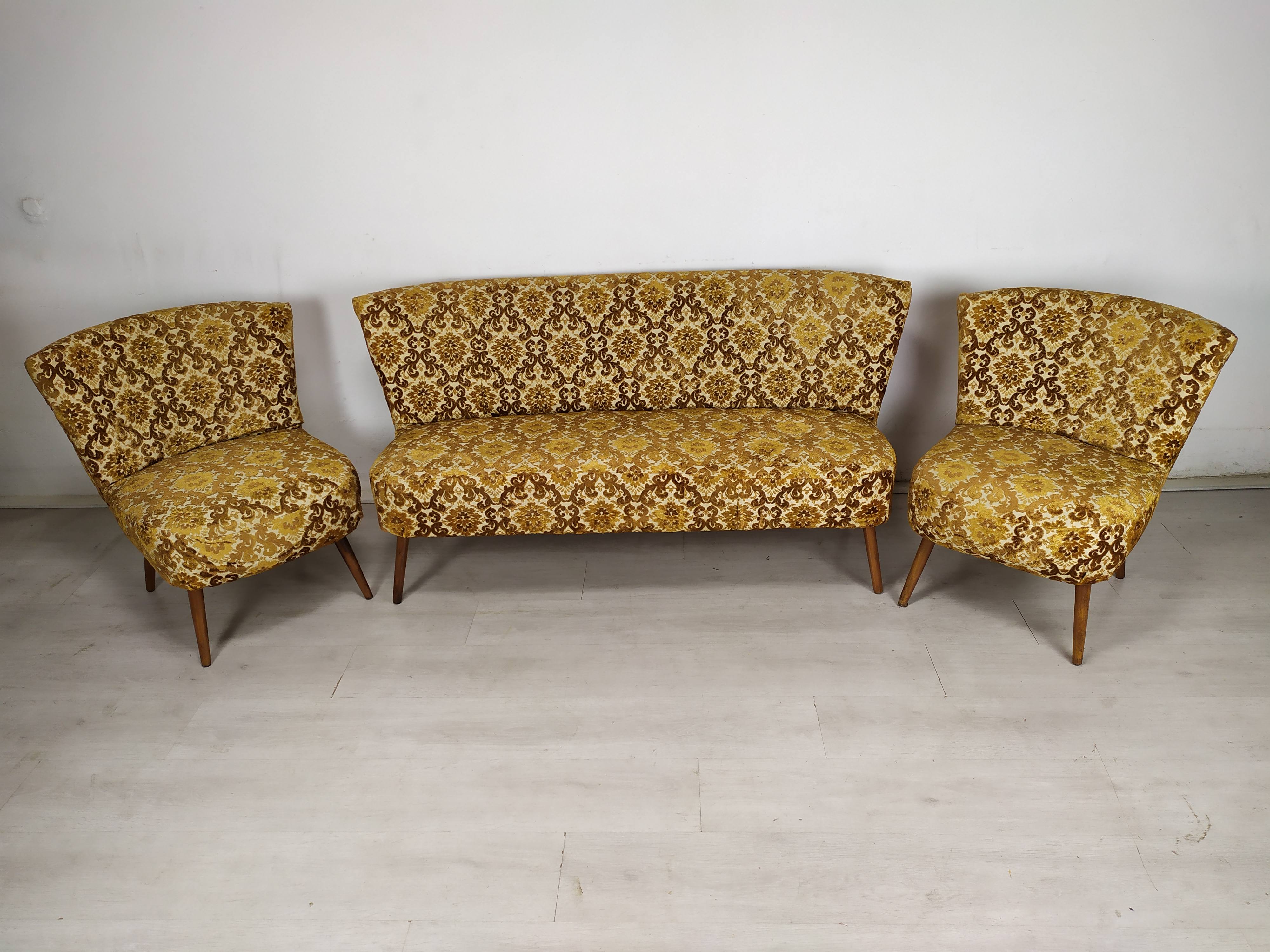 Bench and 2 vintage cocktail armchairs