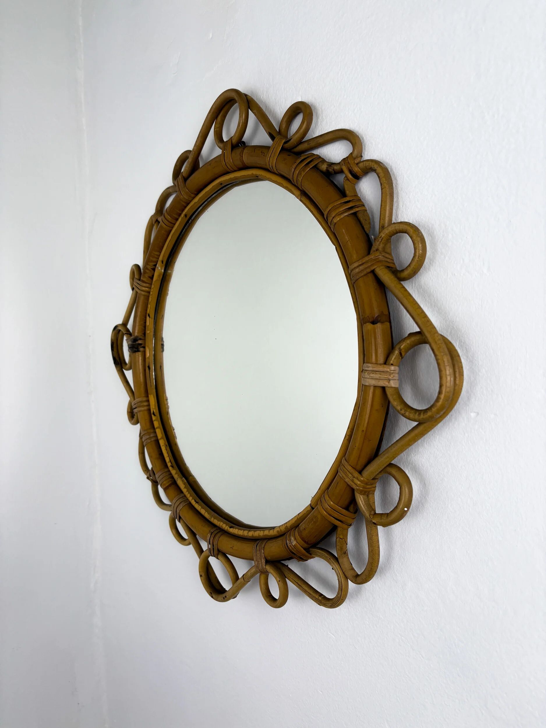 Spanish rattan bamboo oval mirror, circa 1960s