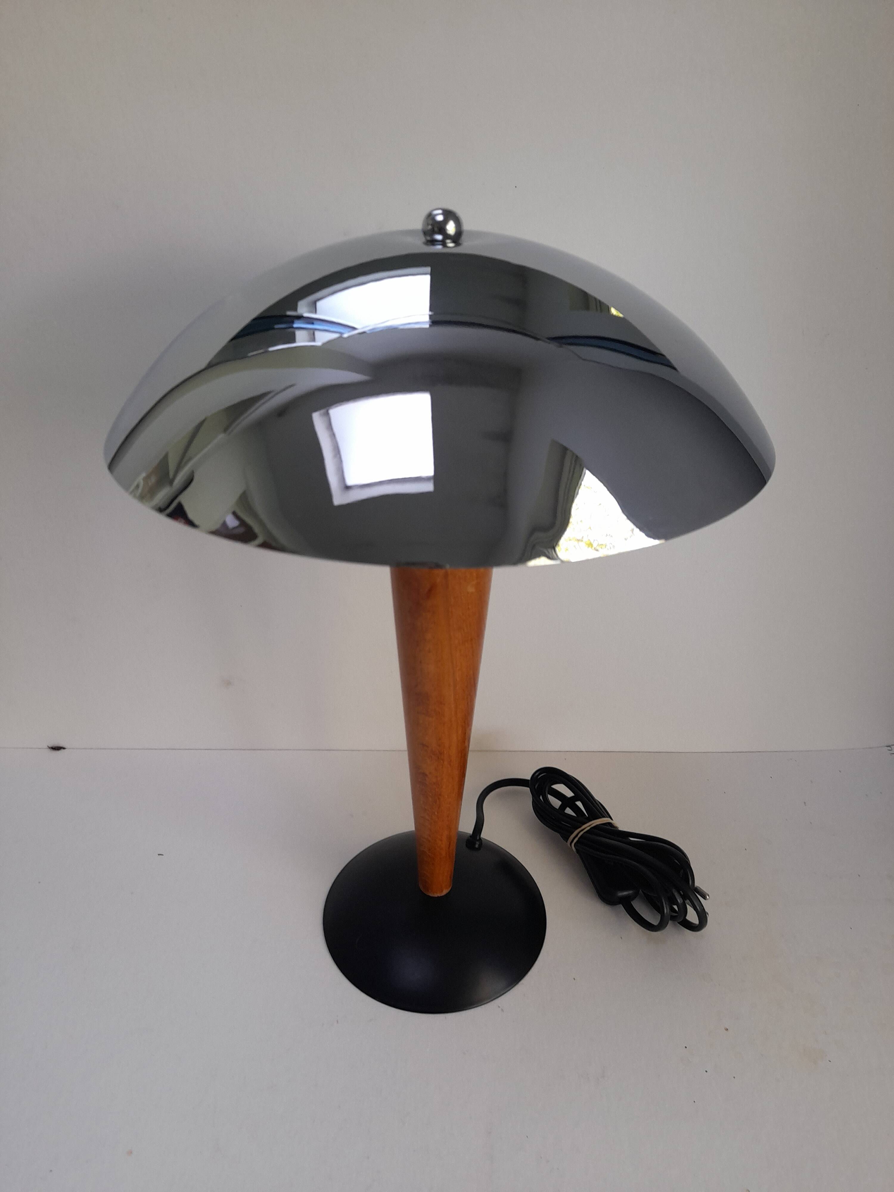 Lampe à poser champignon chrome et bois