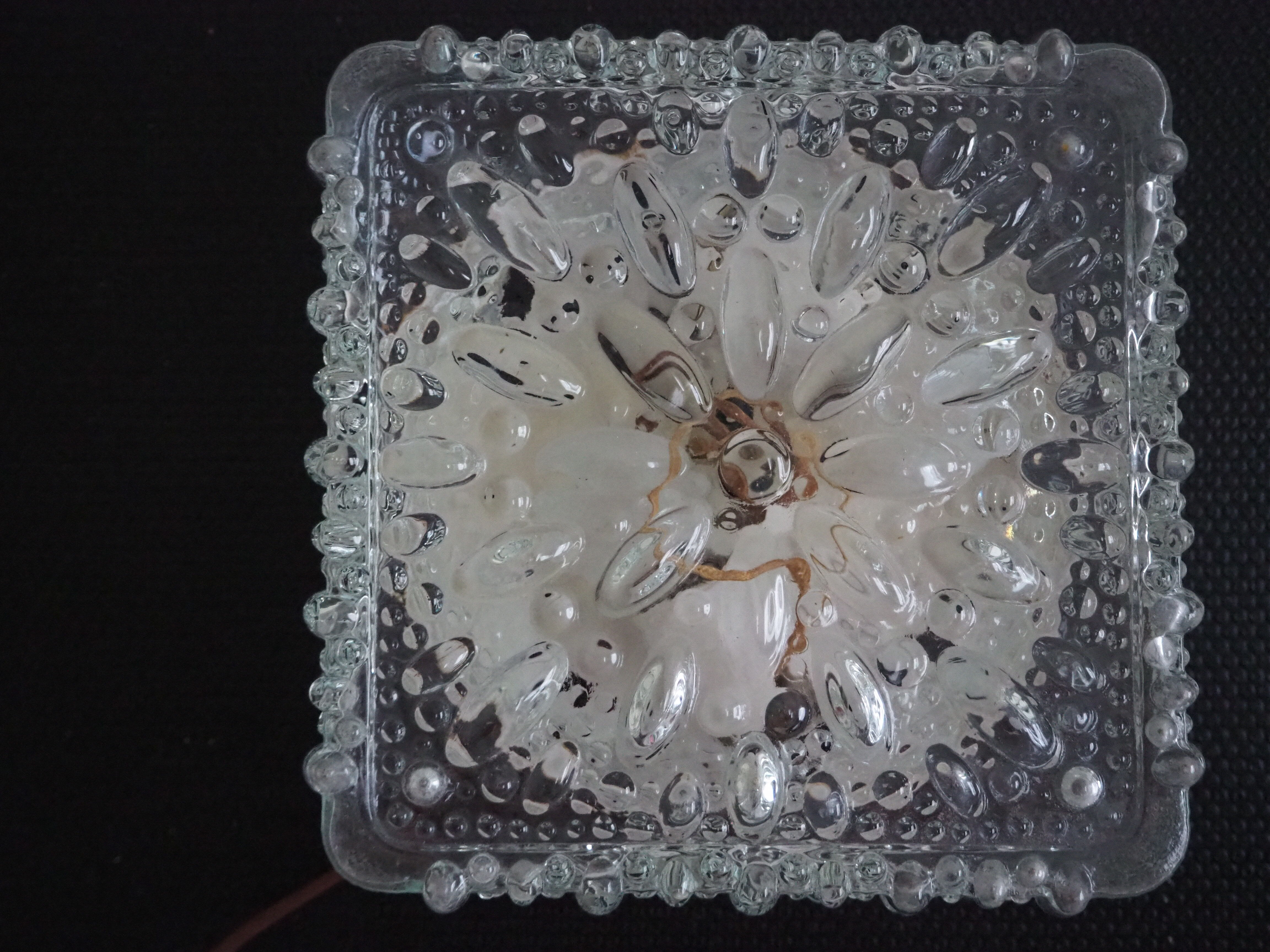 Transparent molded glass ceiling lamp – square shape – floral print.