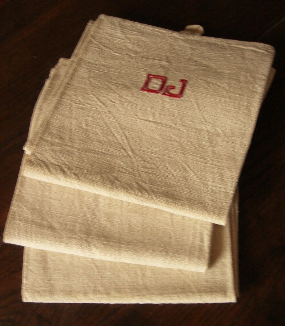 Lot 3 towels linen strips red monograms D J