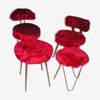 Set of 2 Pelfran chairs and 2 stools, red moumoute 1970