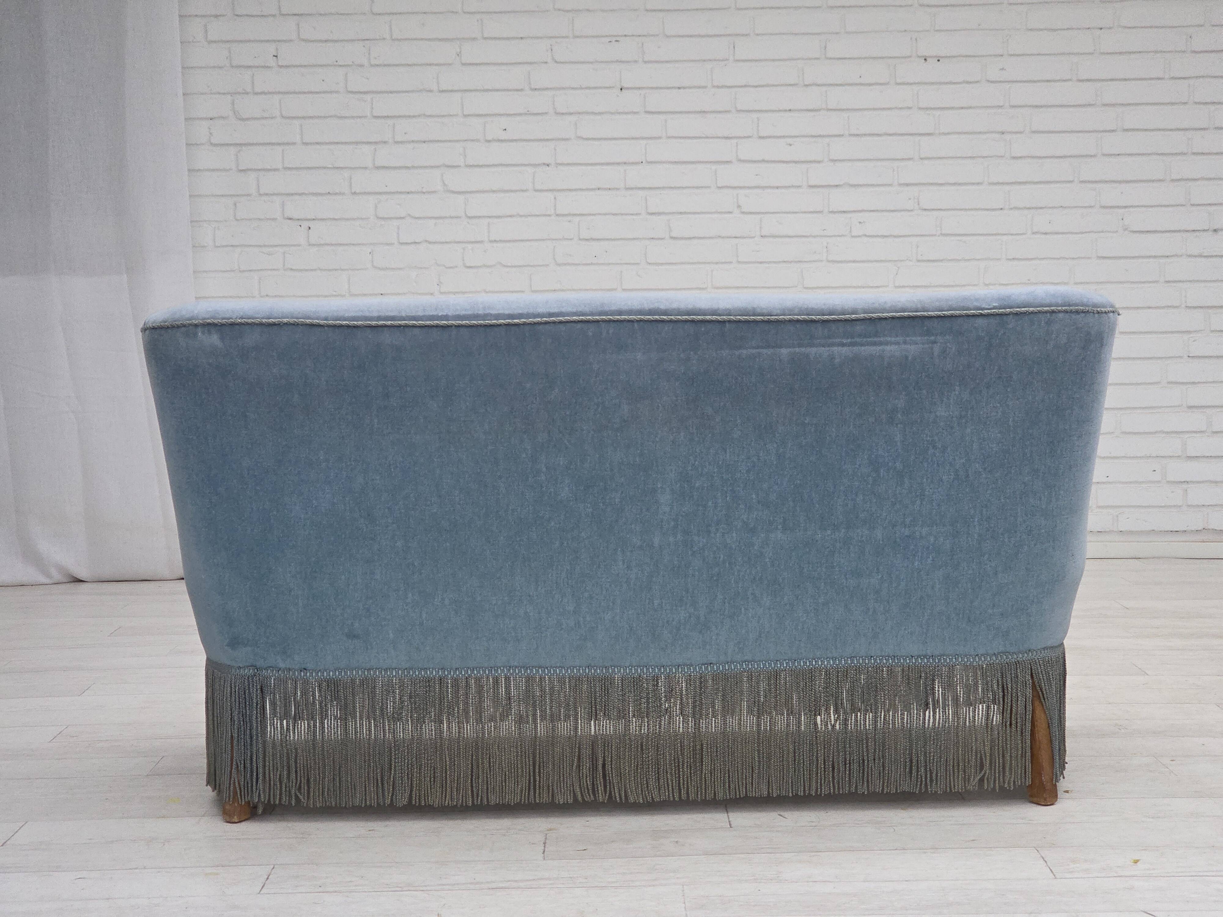 1970s, Danish 2-seater sofa, blue furniture velour, oak wood legs.