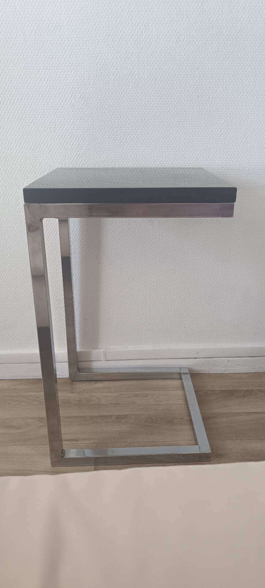 Contemporary C design side table — Heavy chrome steel and top