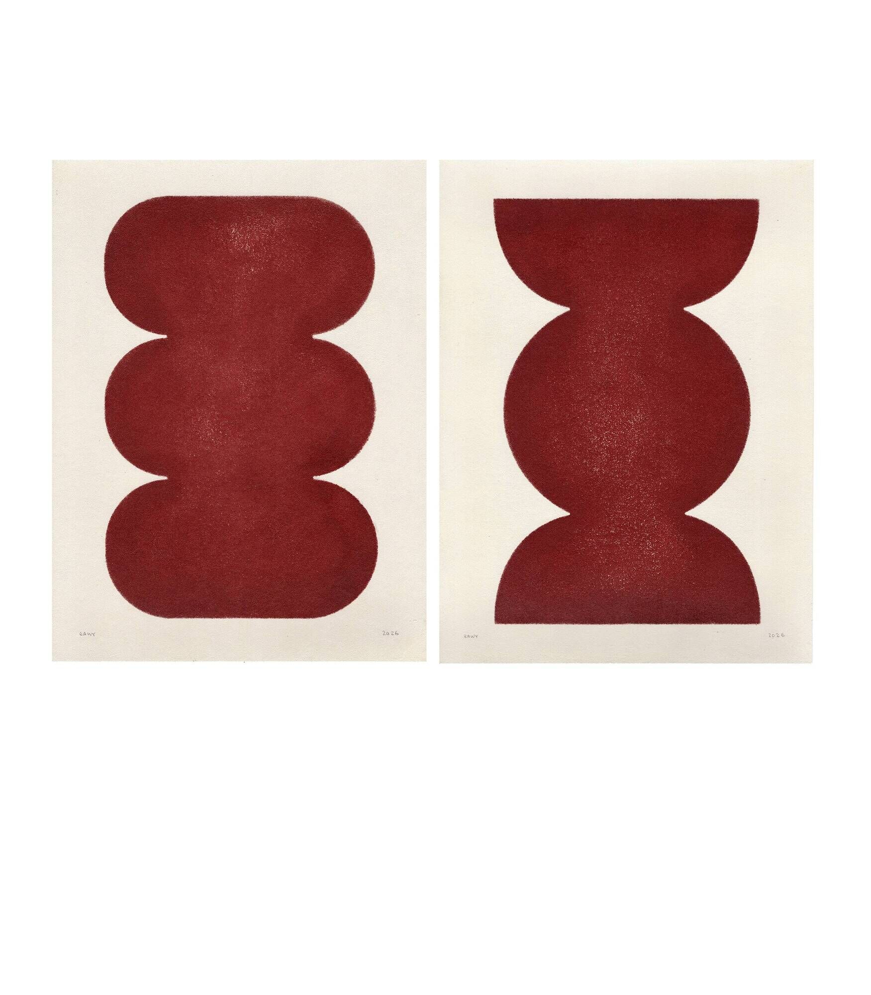 Duo of abstract paintings in burgundy on paper signed Eawy.
