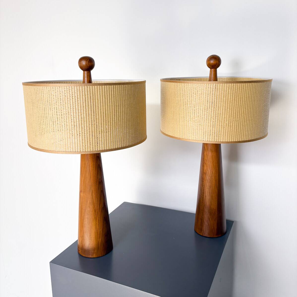 Pair of Modern Conical Wooden Table Lamps, Italy