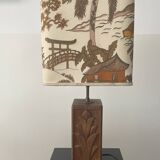 Wooden lamp with carved plant decoration from 1930-50, sold with a 1970 lampshade.