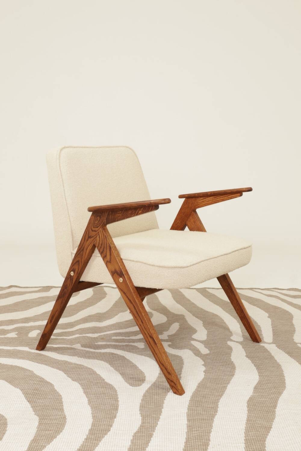 Scandinavian beige boucle armchair modern design rustic oak