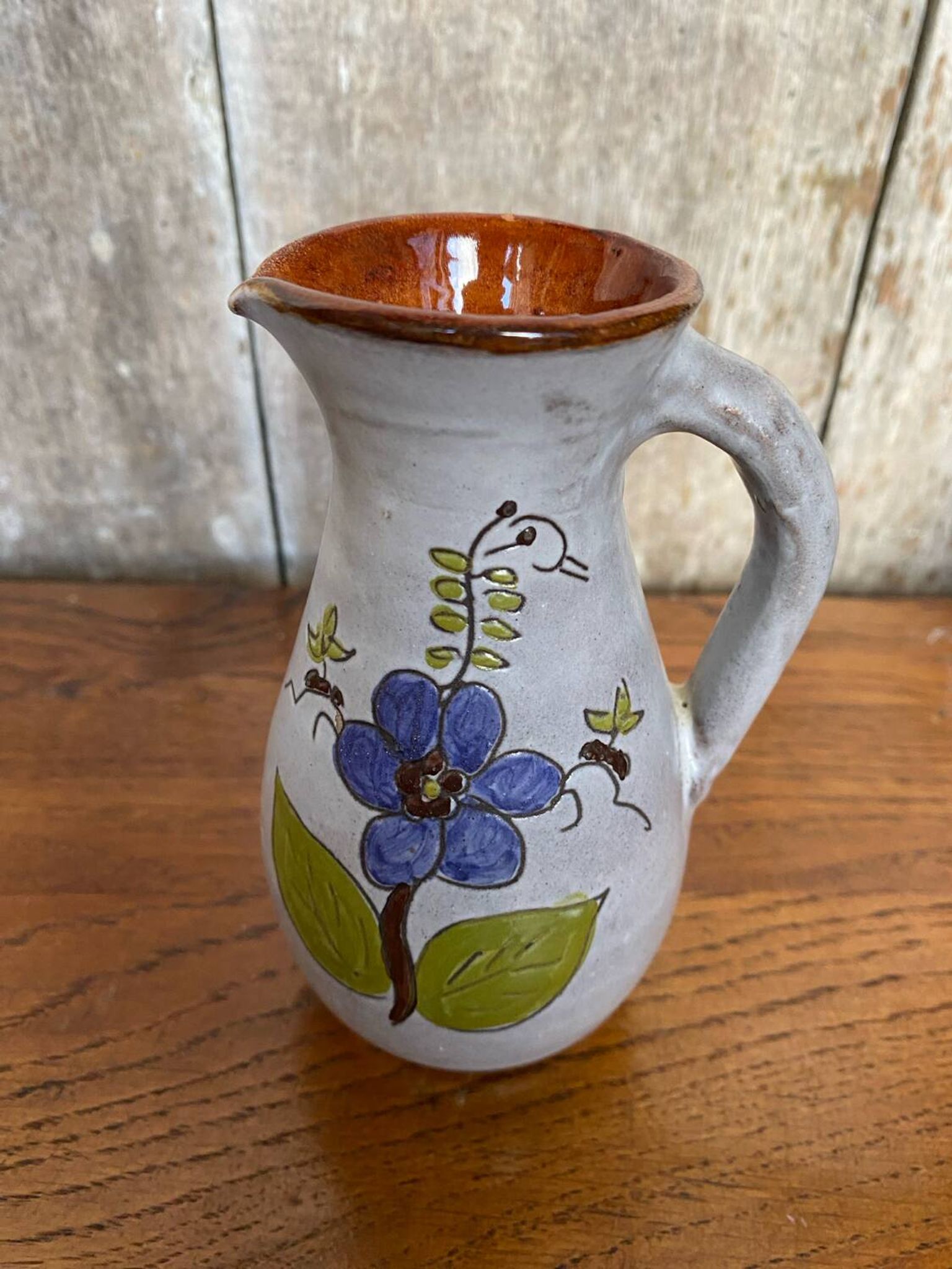 Antique grey enameled terracotta pitcher flower decor vintage kitchen