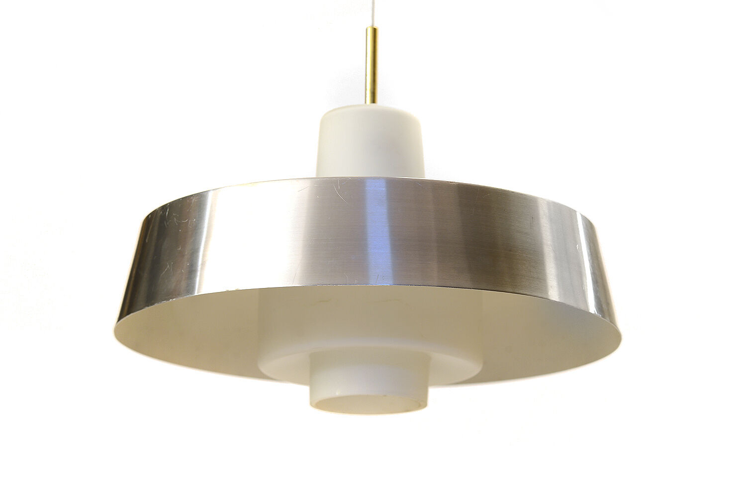 Opac glass and brushed aluminium pendant light. Sweden 1960s