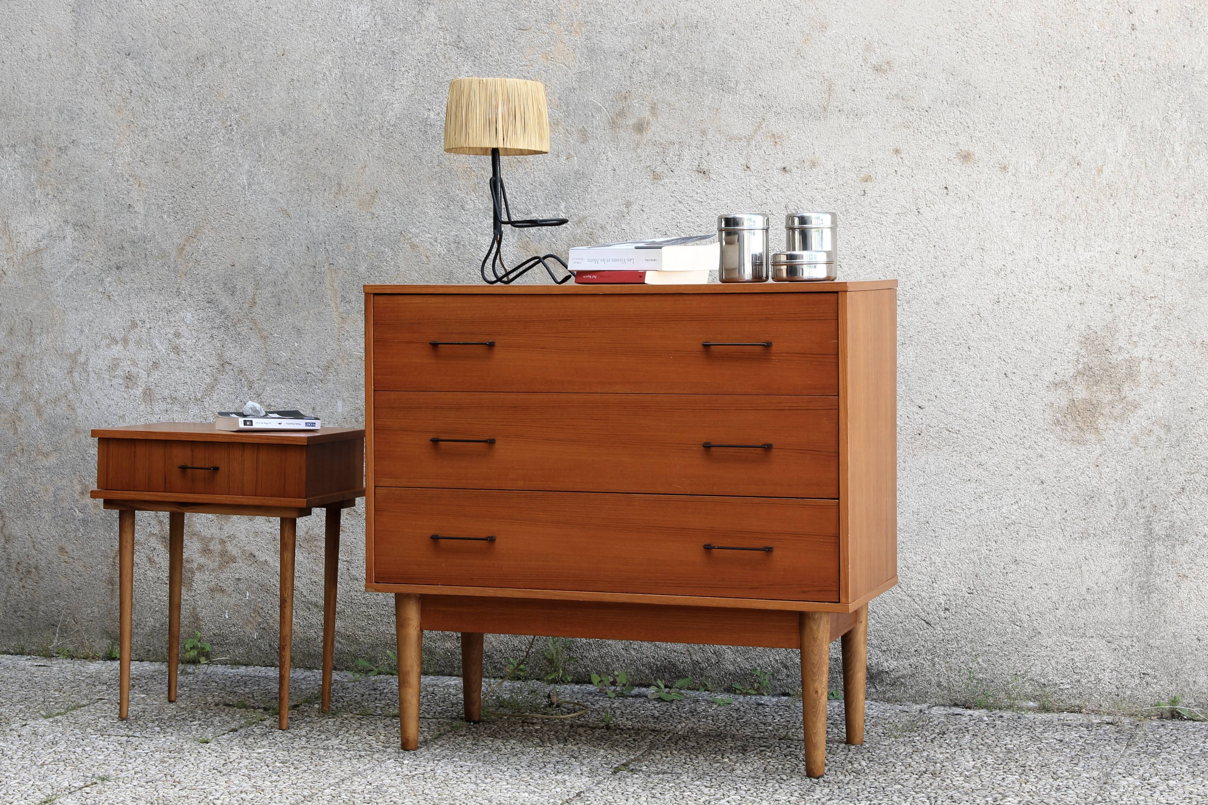 Scandinavian chest of drawers and bedside table from the 50s/60s, vintage teak