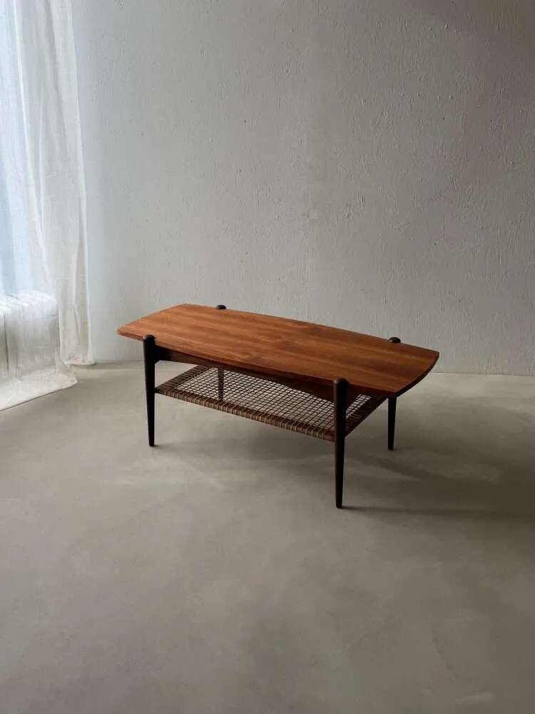 Vintage Creafort coffee table 1960s teak with rattan magazine shelf
