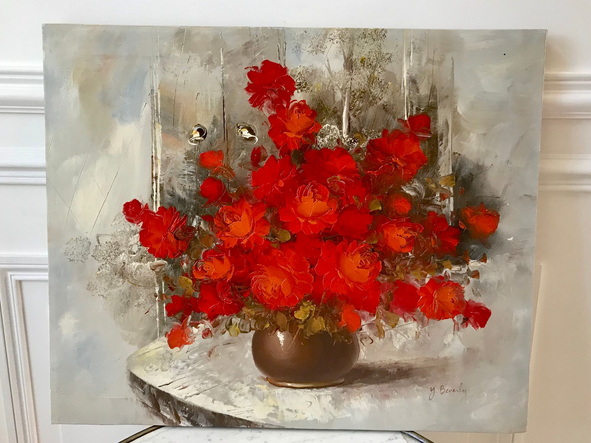 Old oil on canvas painting bouquet of red flowers signed