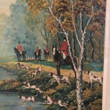 Ancien tableau huile sur panneau p. foy chasse à cour + cadre bois blanc vintage