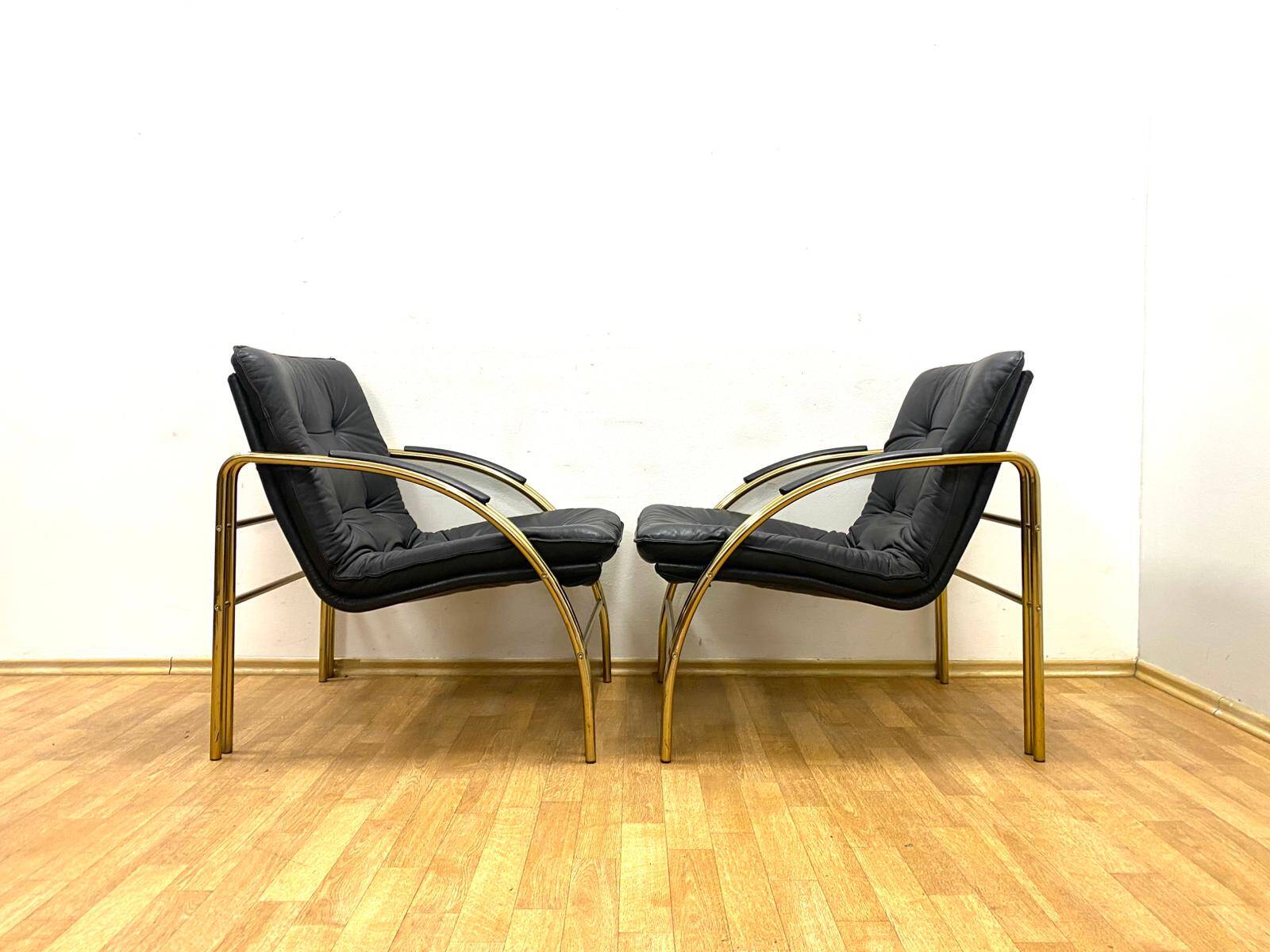 Vintage Leather and Metal Armchairs, 1990s, Set of 2