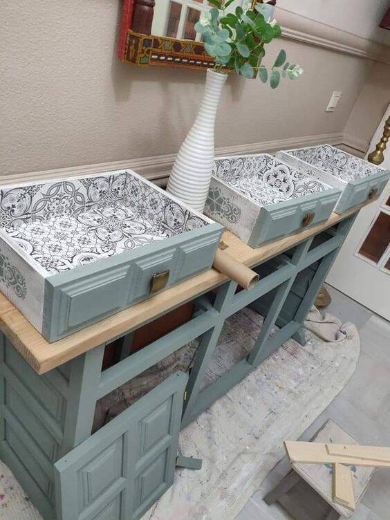 Louis XV style solid wood chest of drawers repainted in lagoon blue with 2 drawers