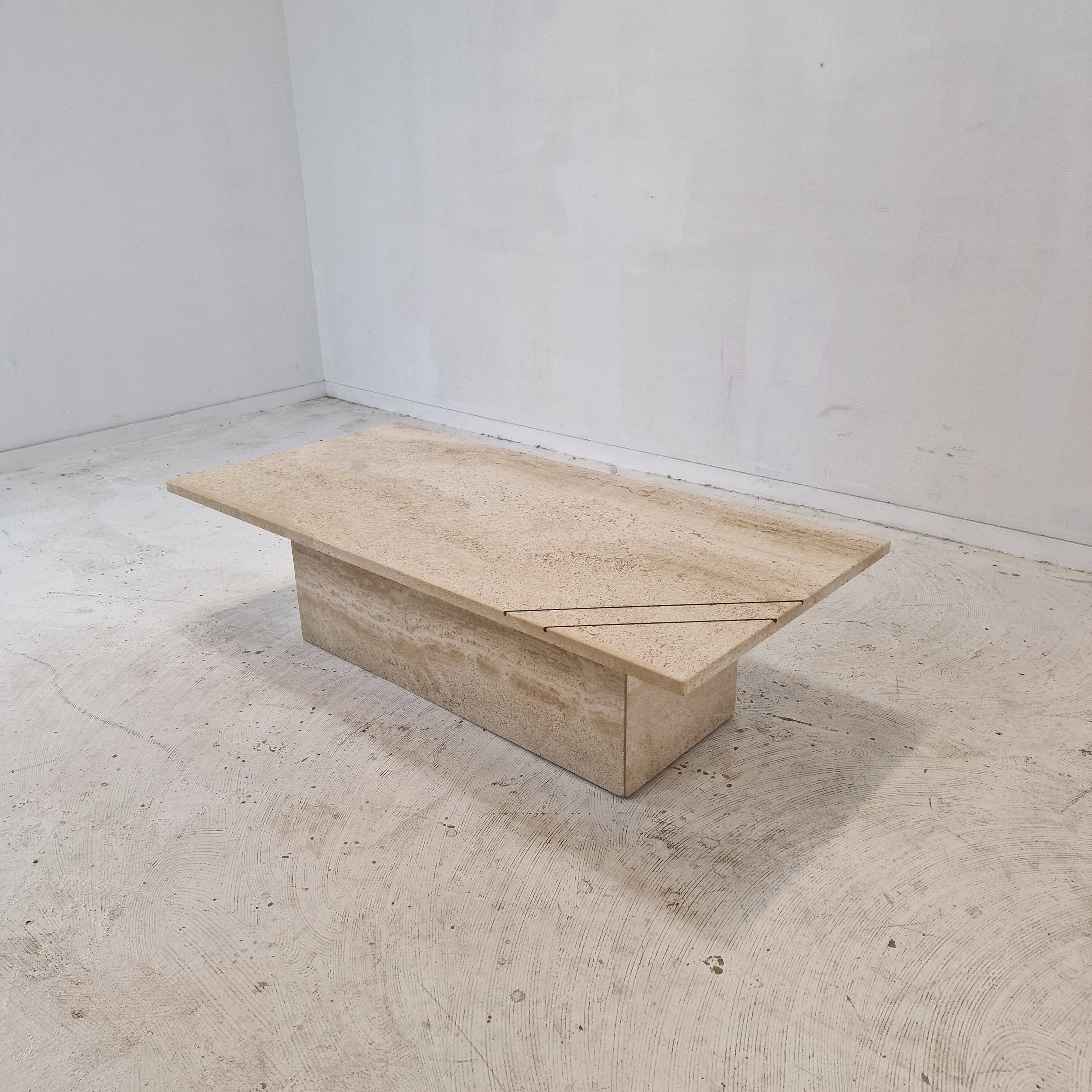 Rectangle Travertine Coffee or Side Table with Brass, Italy 1980s