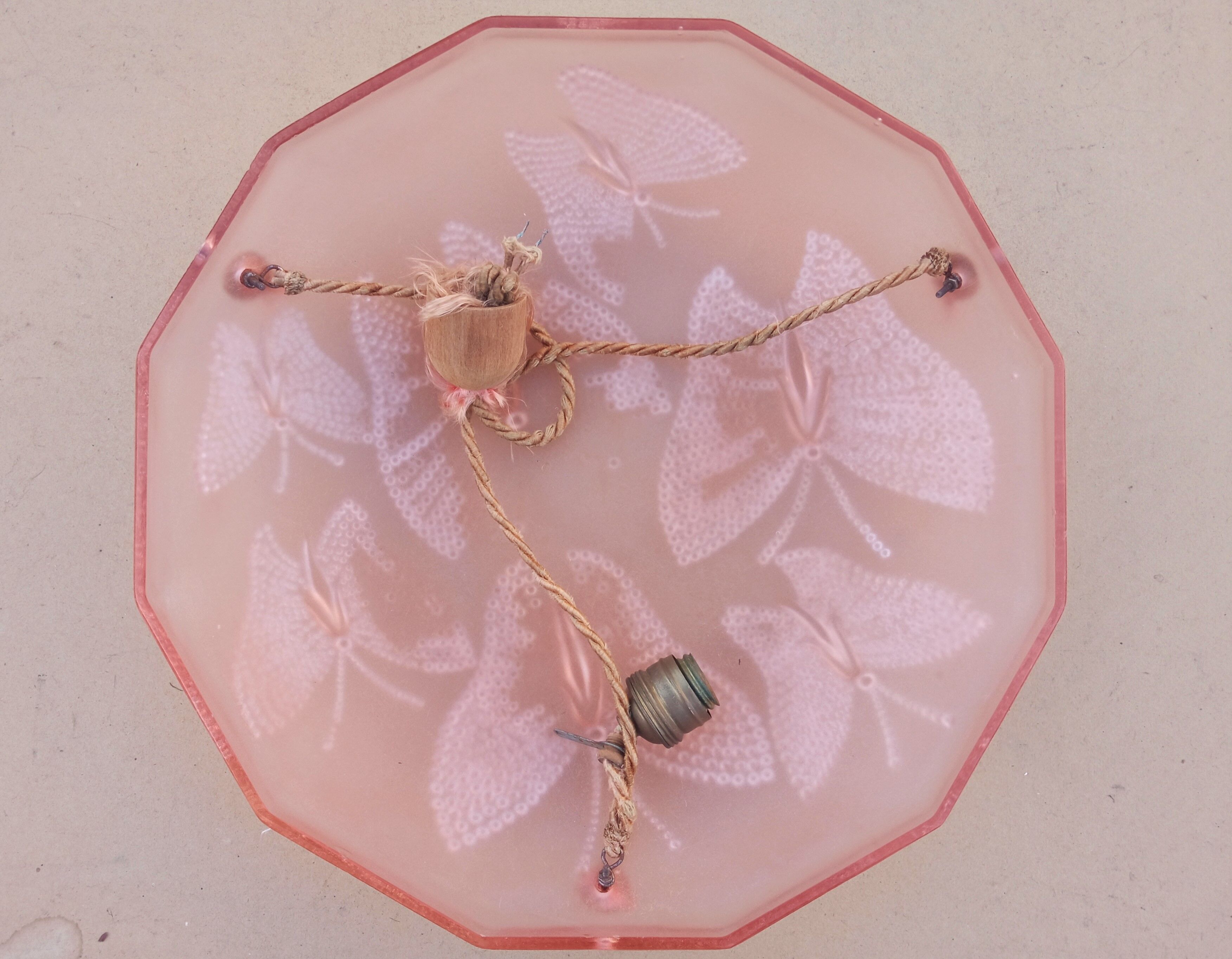 Art Deco ceiling lamp in pink pressed molded glass -