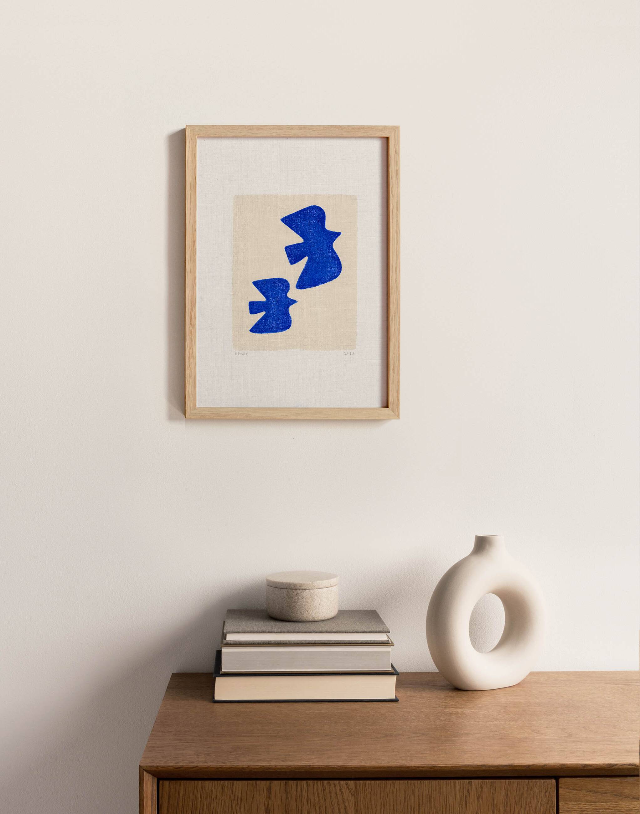 Peinture sur papier oiseaux bleus signée eawy