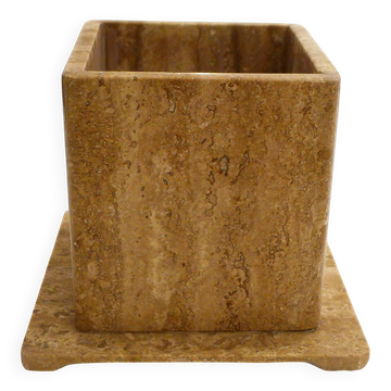Square cache-pot in travertine