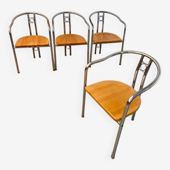 4 anciennes chaises metal assise bois design italien années 80 postmoderne