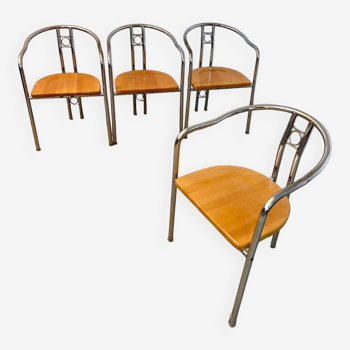 4 old metal chairs with wooden seats, Italian design, postmodern 80s