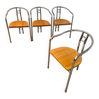 4 old metal chairs with wooden seats, Italian design, postmodern 80s