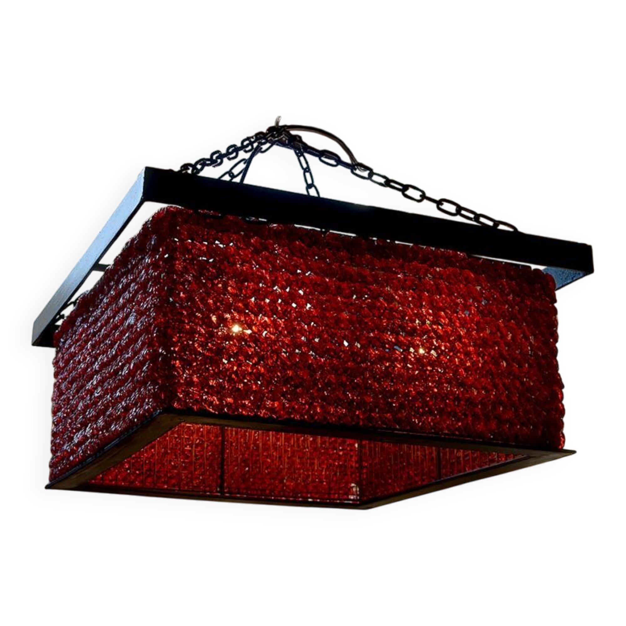 Important Red Glass Bead Chandelier, Murano, Brutalism, c. 1970
