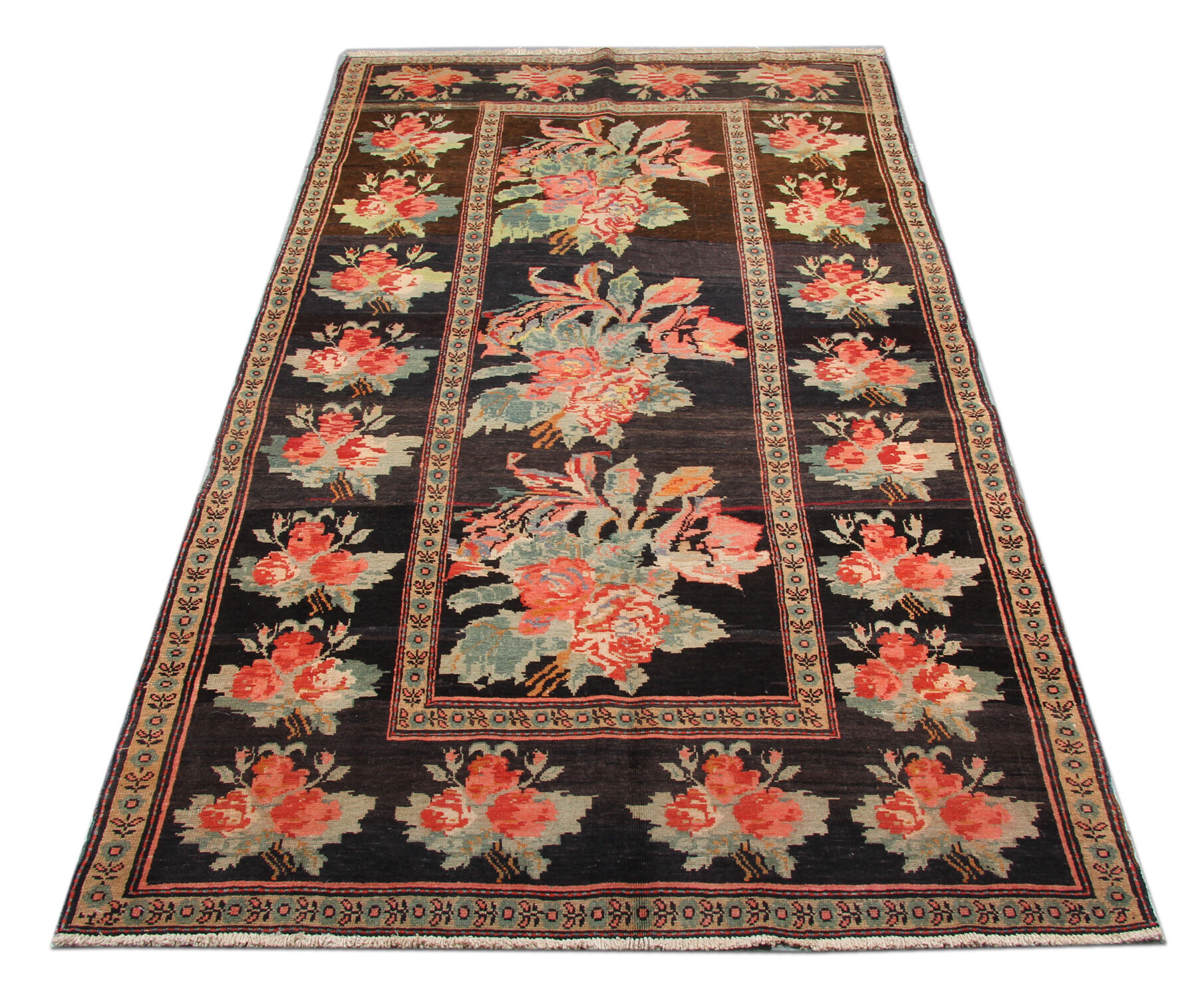 Antique floral karabagh zone tapis de laine brune tissée à la main fine tapis- 136x235cm