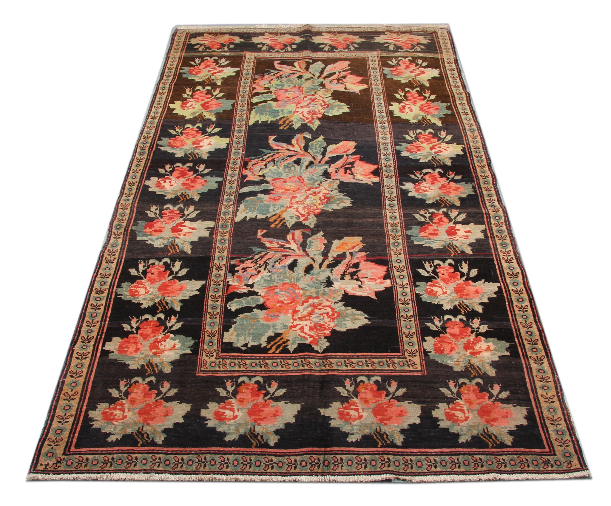 Antique floral karabagh zone tapis de laine brune tissée à la main fine tapis- 136x235cm