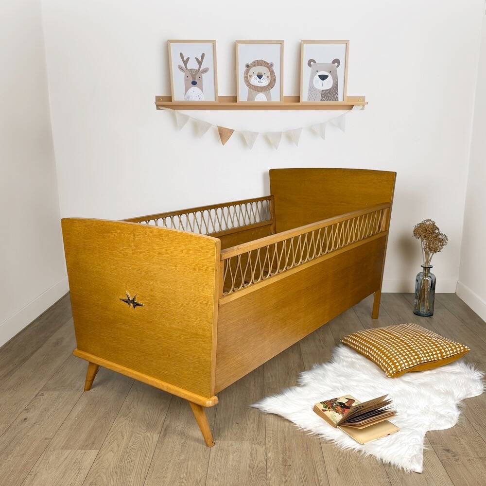 Bohemian wooden and rattan children's bed from the 60s