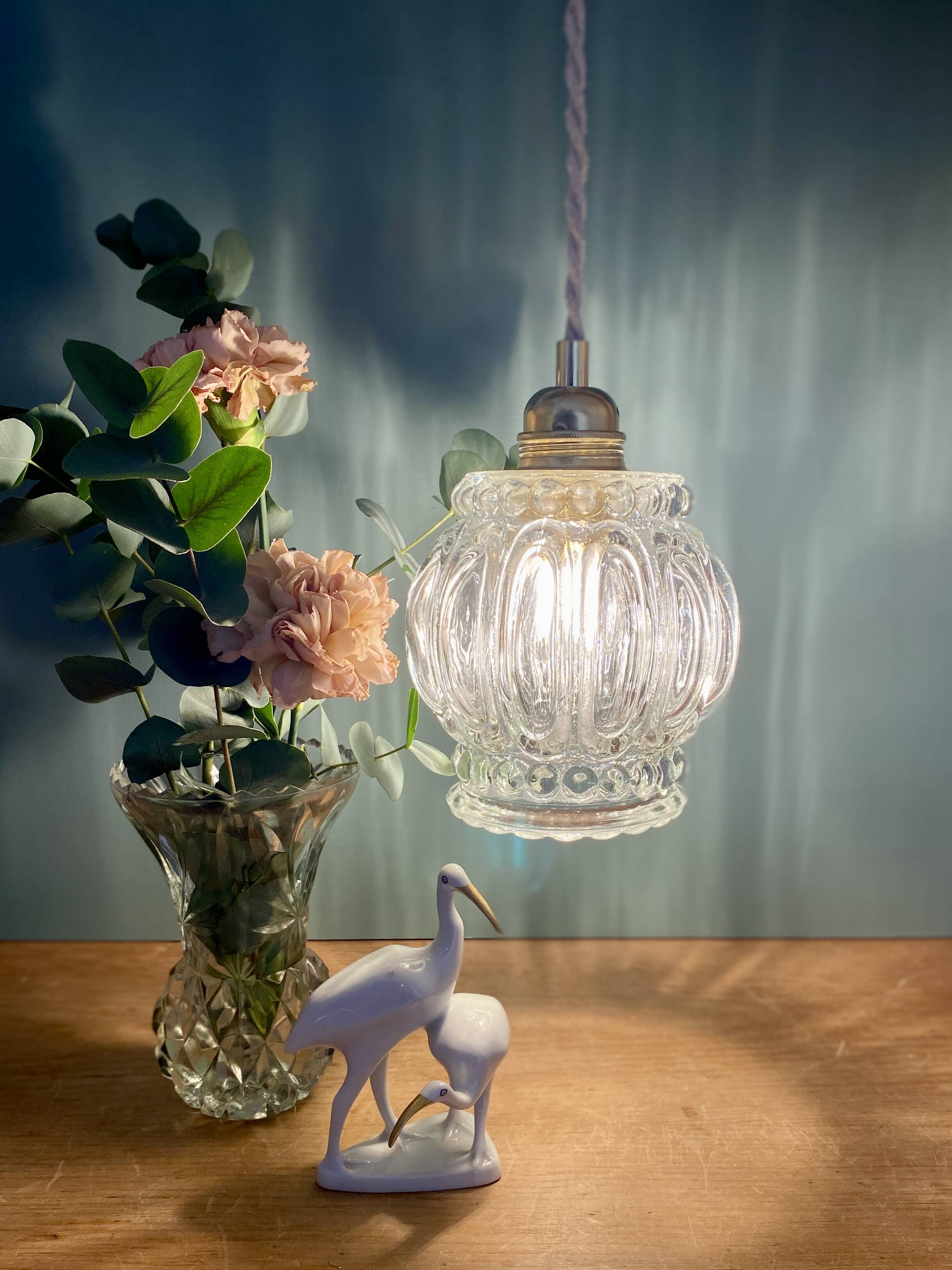 Vintage globe pendant light in transparent bubbled glass