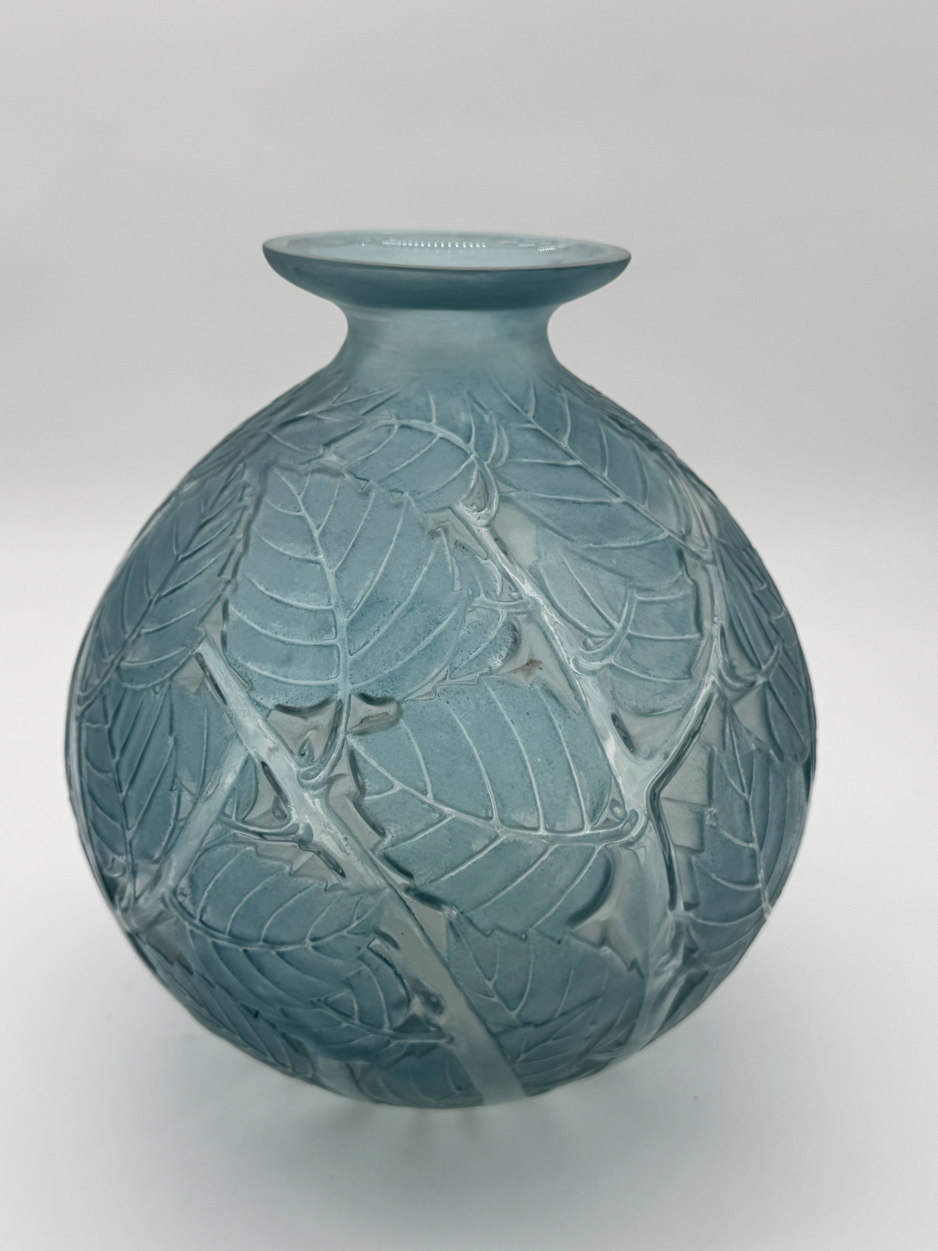 A R.Lalique Milan Blue Patinated Glass Vase