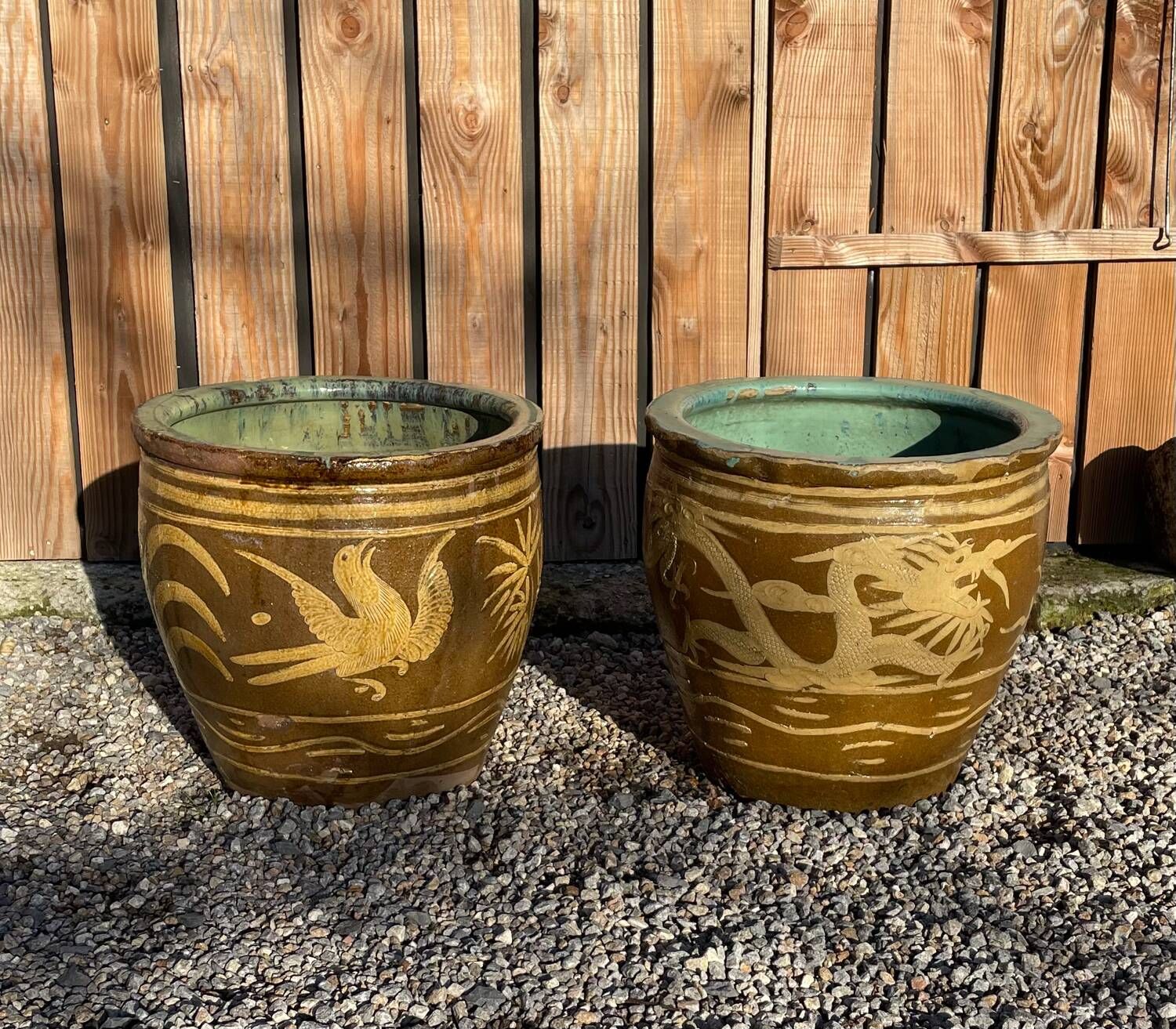 Two Antique Chinese Very Large Terracotta Pot Dragon Planting Plant Egg