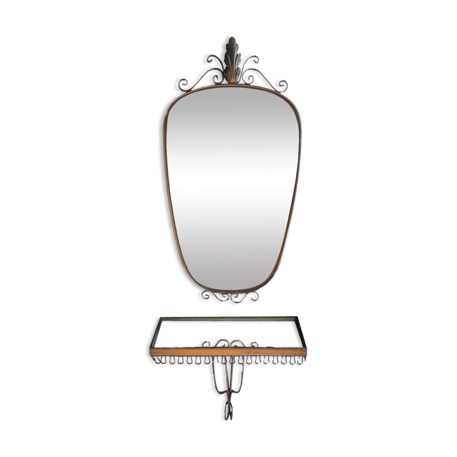 Mirror set and wall lamp in gold metal by deknudt, 1960s