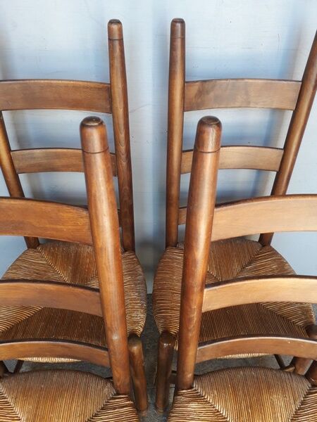4 modernist chairs design wood and straw era 1960/70