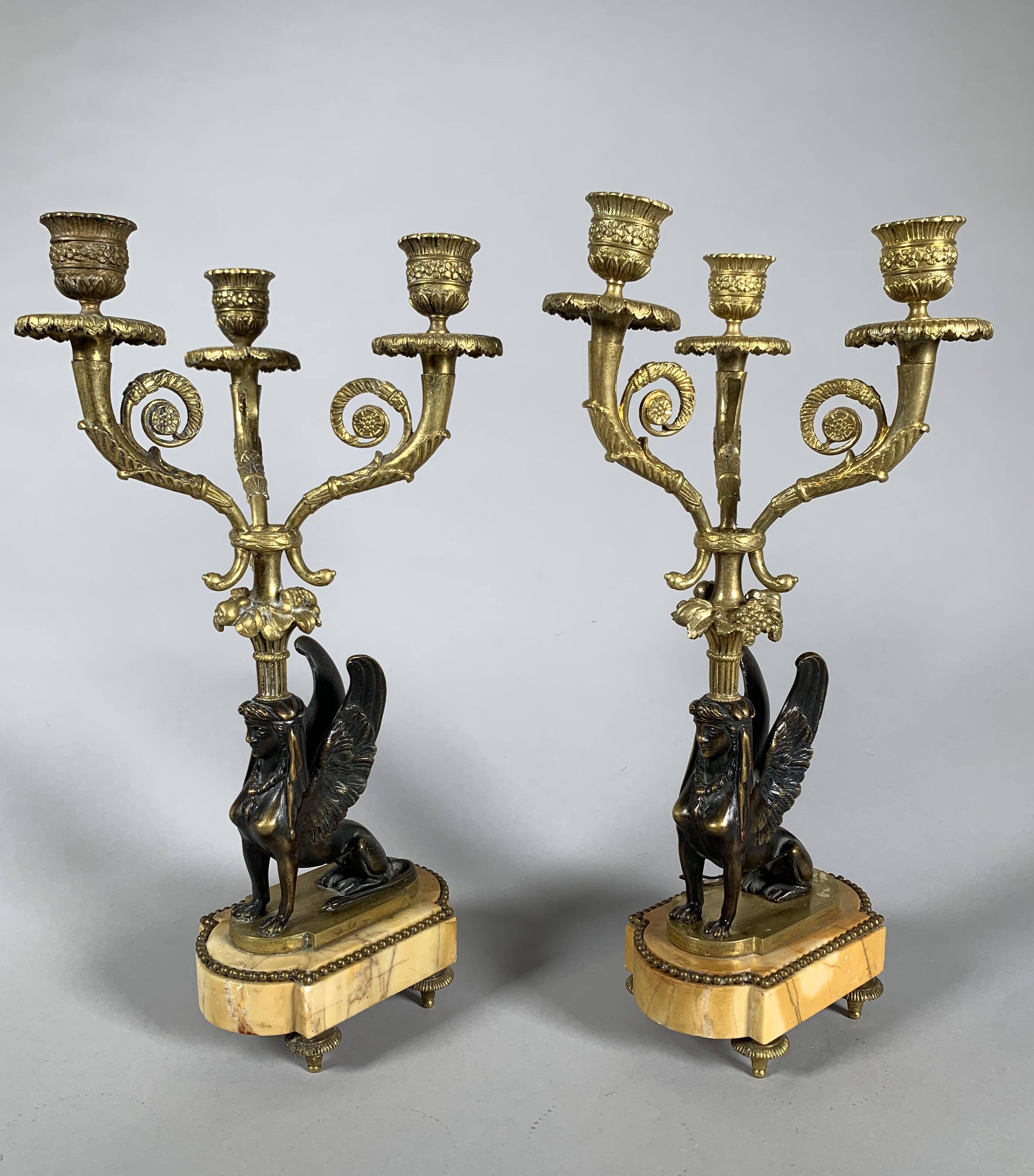 Paire De Candelabres Aux Sphinges En Bronze Dore,  XIXeme Siècle
